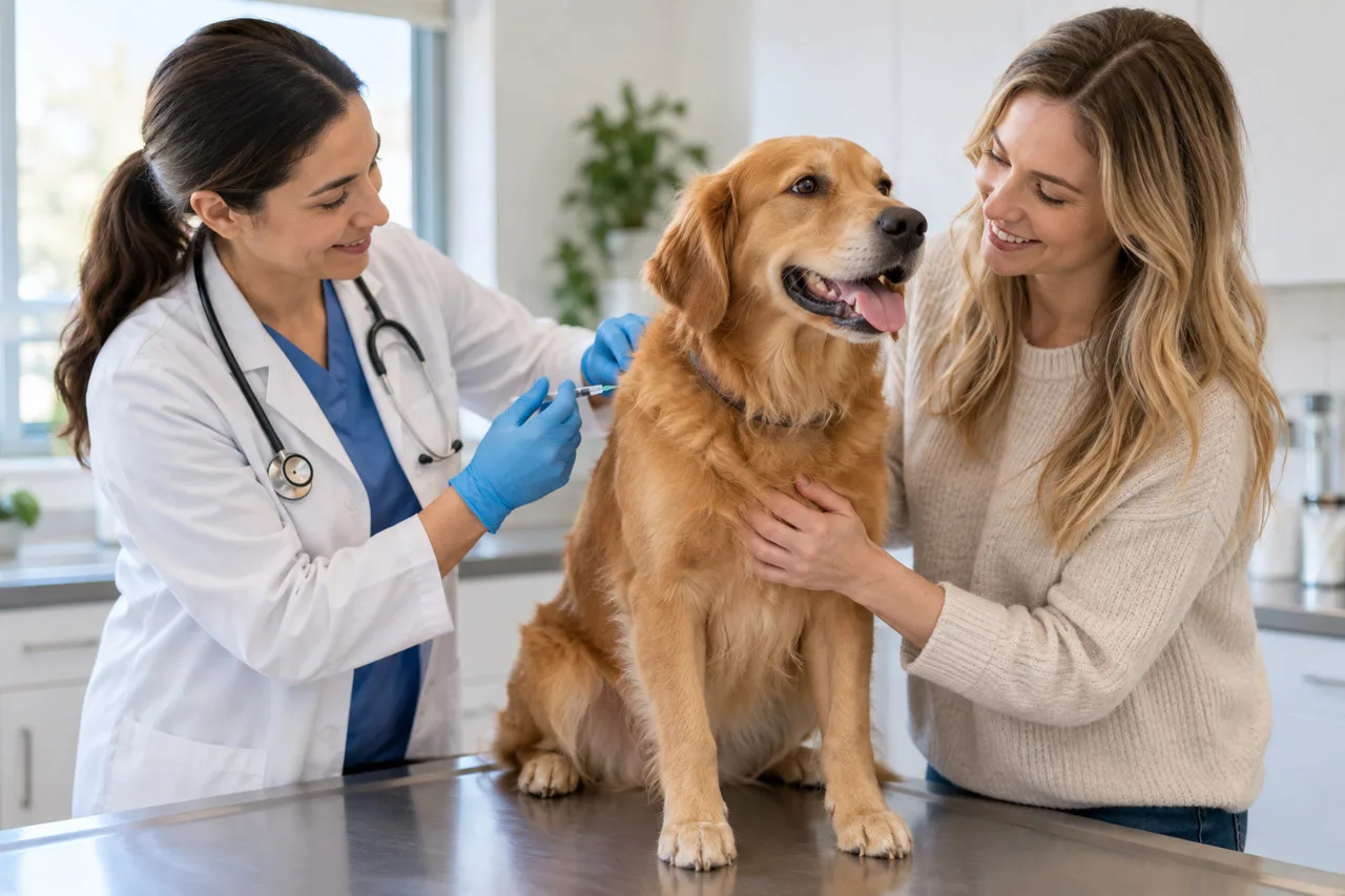 Veterinarian speaking with an owner beside a dog